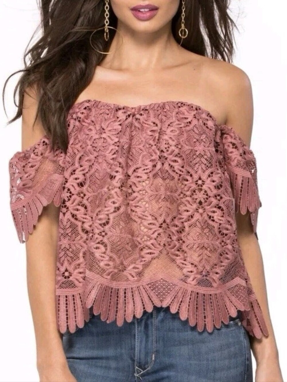 Lovers and Friends Revolve Life’s a Beach Lace Off The Shoulder Top in Mauve L